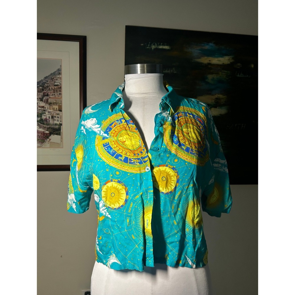 Vintage Forever 21 Button Down Shirt M Teal Celestial Zodiac Print Cropped Top
